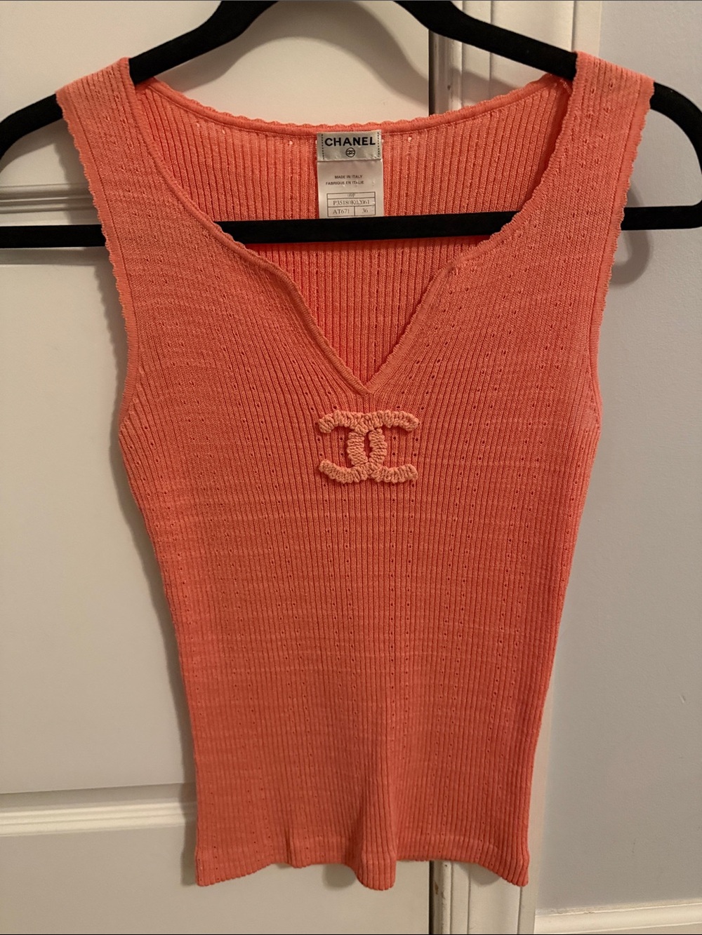 CHANEL Coral Ribbed Knit V-Neck Logo Tank - Picture 1 of 6